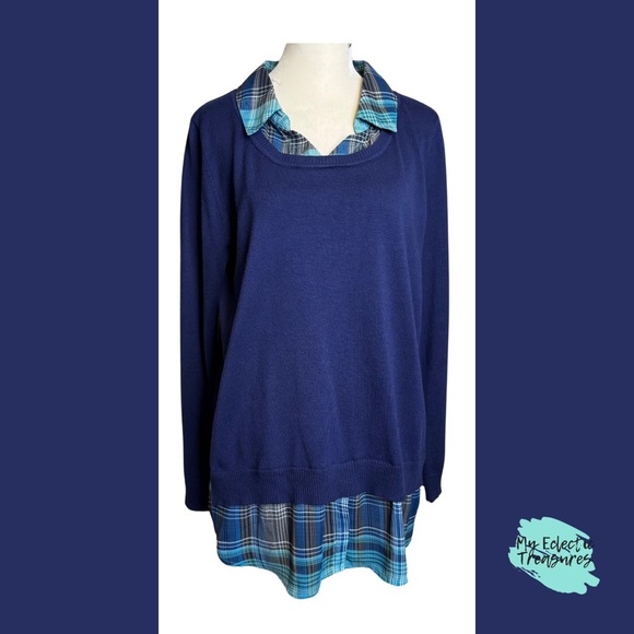 Faded Glory Blue & Plaid Crew Neck Faux Layered Sweater Soft Knit Relaxed Fit - Picture 1 of 7